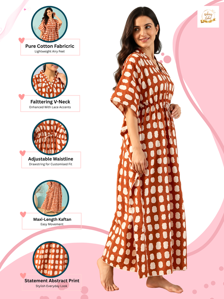 Breezy Terracotta Cotton Kaftan with Lace Detail Neck