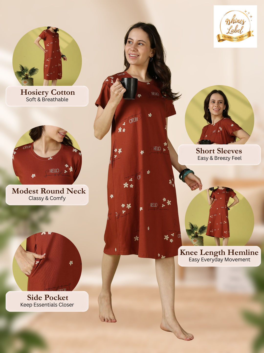 Brown Floral Hosiery Cotton Short Nighty for Women