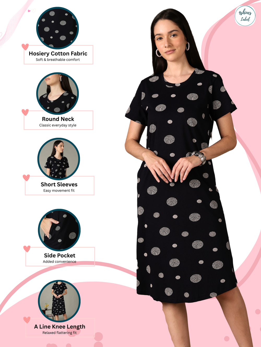 Black dot printed short night dress for women in soft comfortable fabric