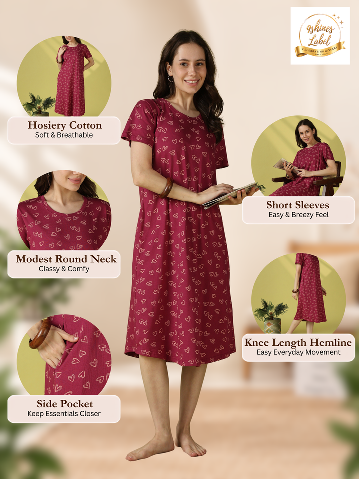 Heart Print Hosiery Cotton Short Nighty for Women in Pink Heartbeat