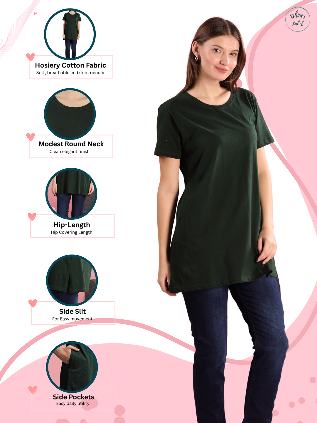 Hip Length Green Cotton T-Shirt for Women with Pockets