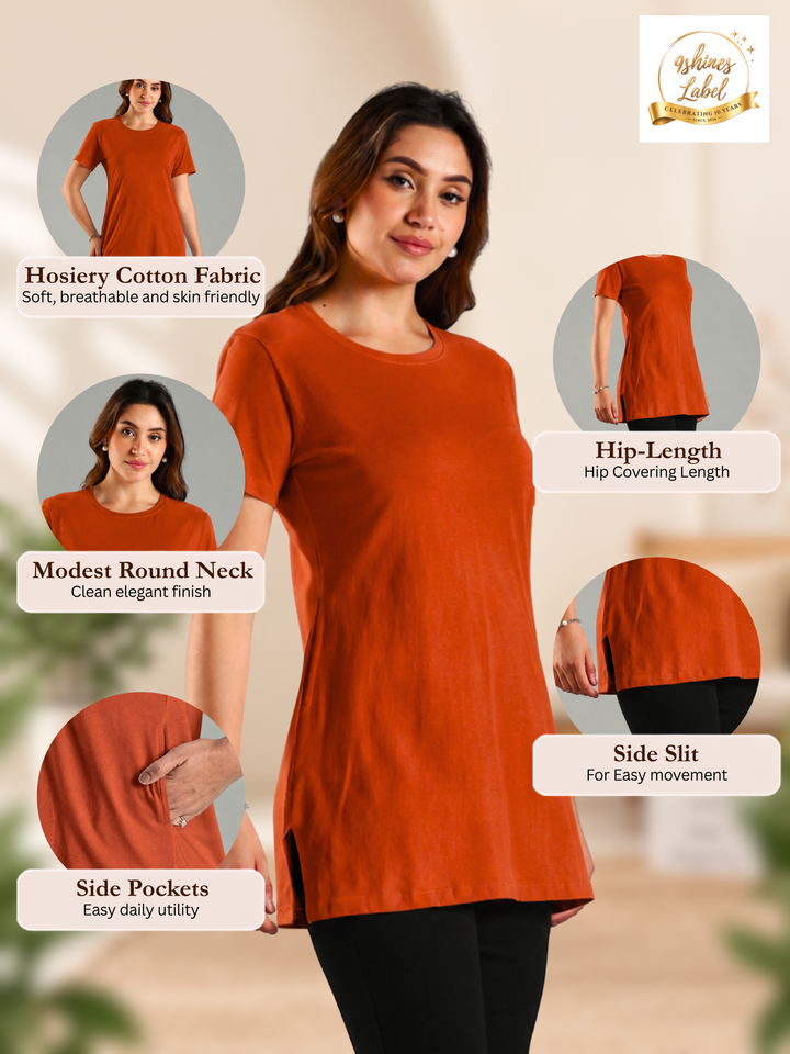 Sunset Orange Hosiery Cotton Long Nighty with Side Slits