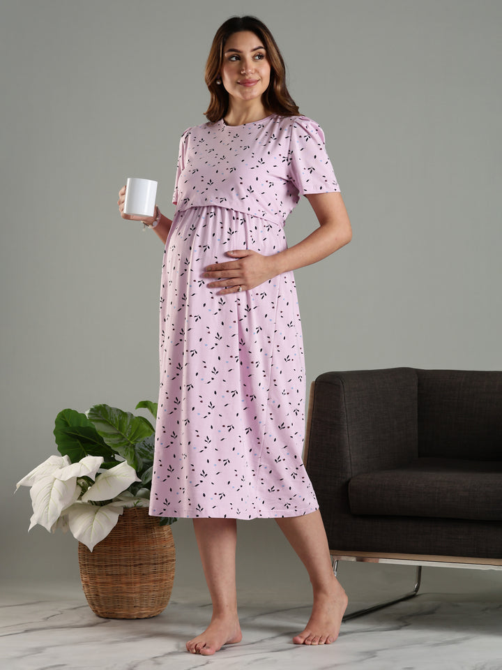 Lavender Cozy Zipless Maternity Feeding Nighty for Women