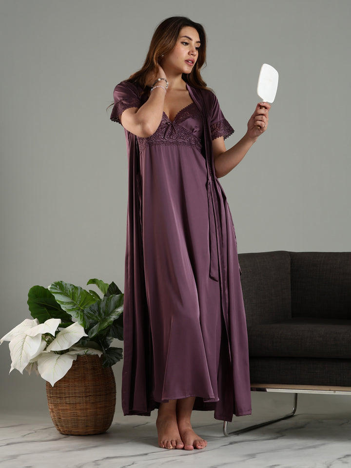 Classy Purple Satin Bridal Nightwear Set for Women