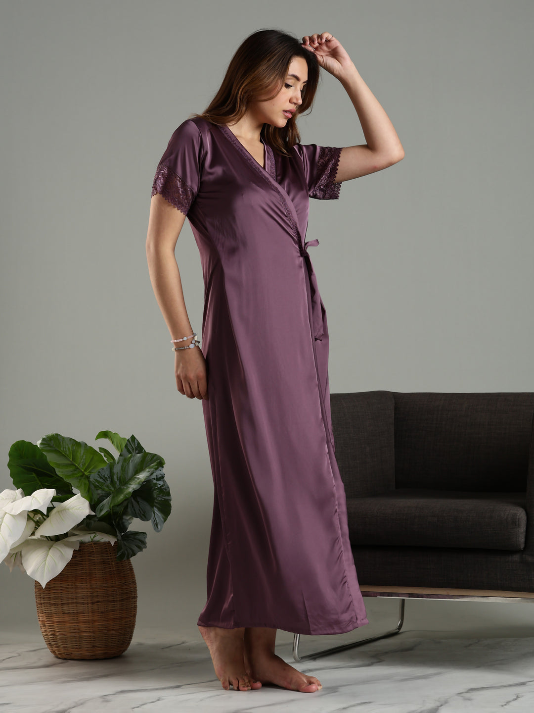 Classy Purple Satin Bridal Nightwear Set for Women