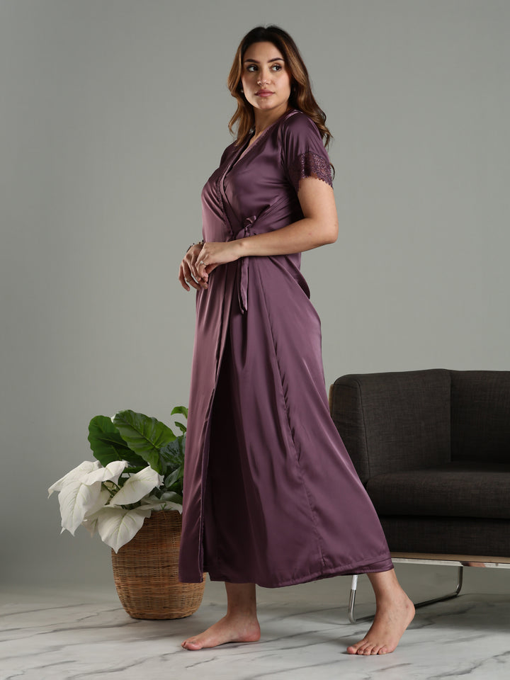 Classy Purple Satin Bridal Nightwear Set for Women