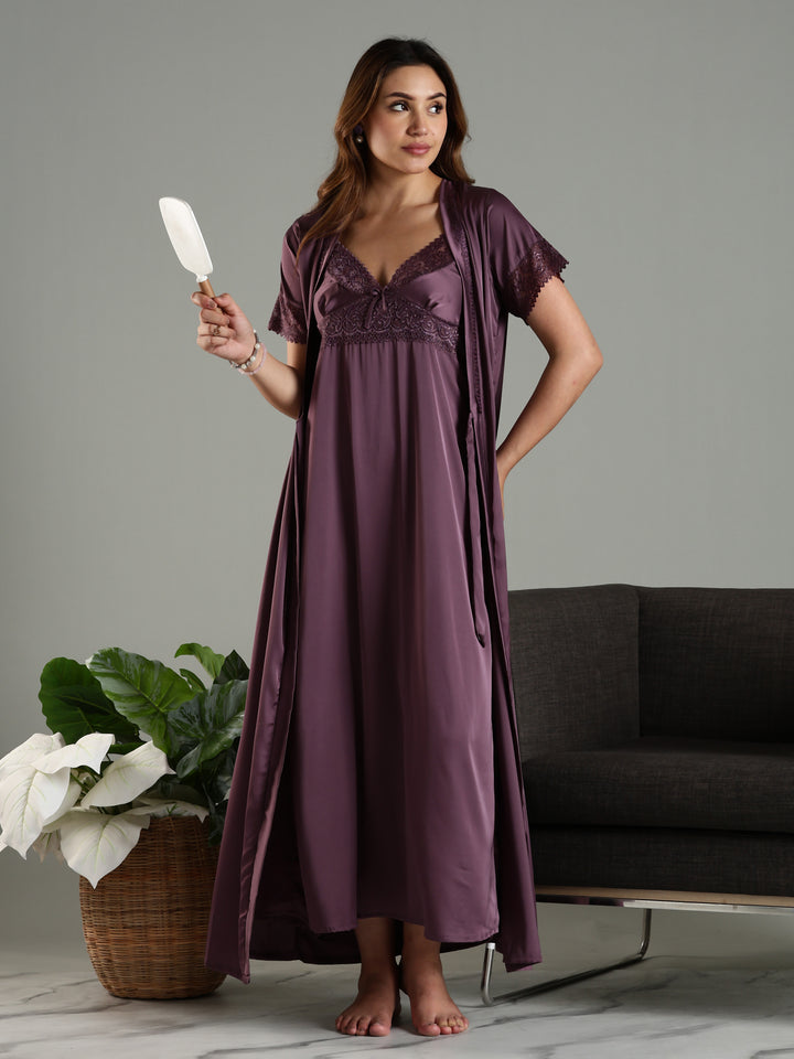 Classy Purple Satin Bridal Nightwear Set for Women