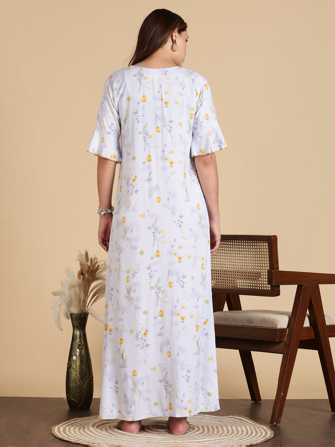 White Rayon Nightdress with Floral Prints and 3/4 Sleeves