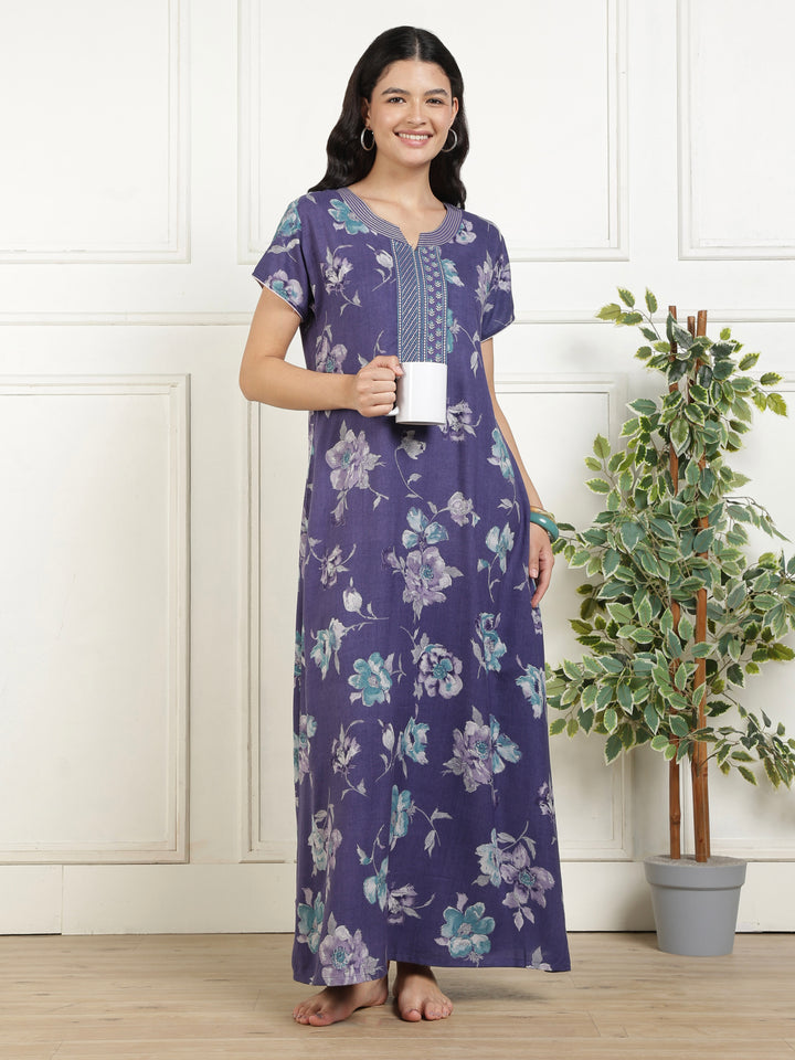 Classic Indigo Floral Print Alpine Nighty for Women Relaxed A Line Fit