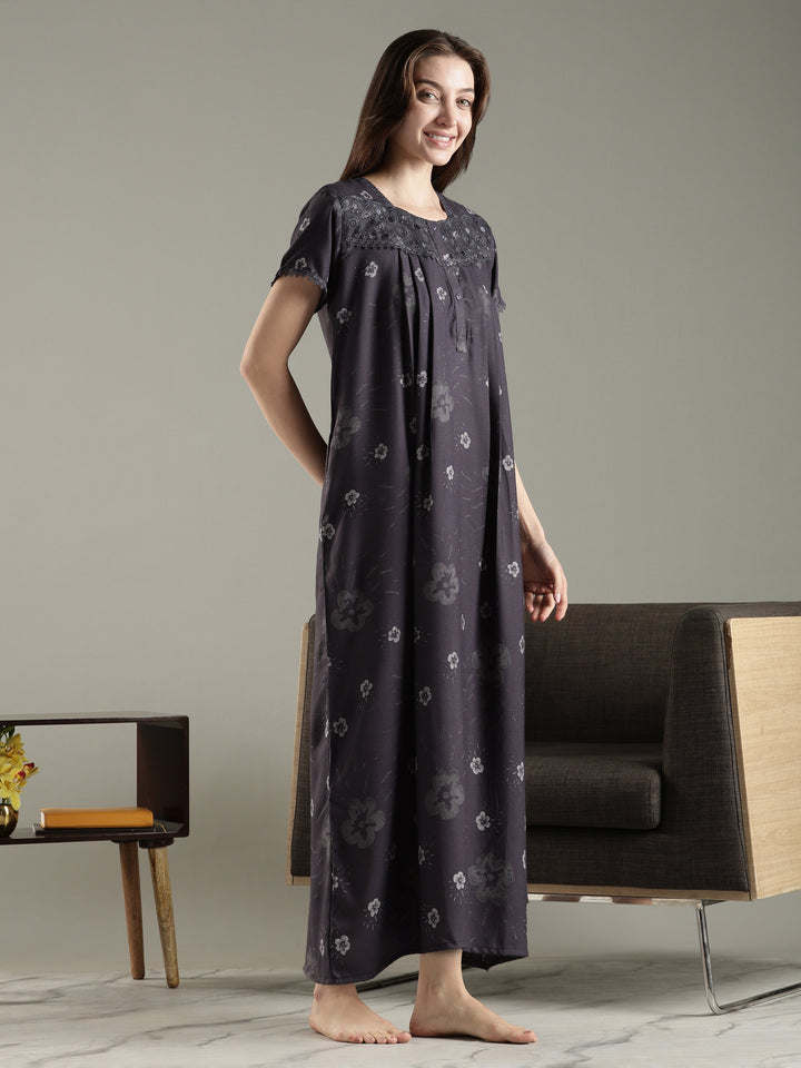 Alpine Pleated Floral Nighty for Women with Lace Detailing