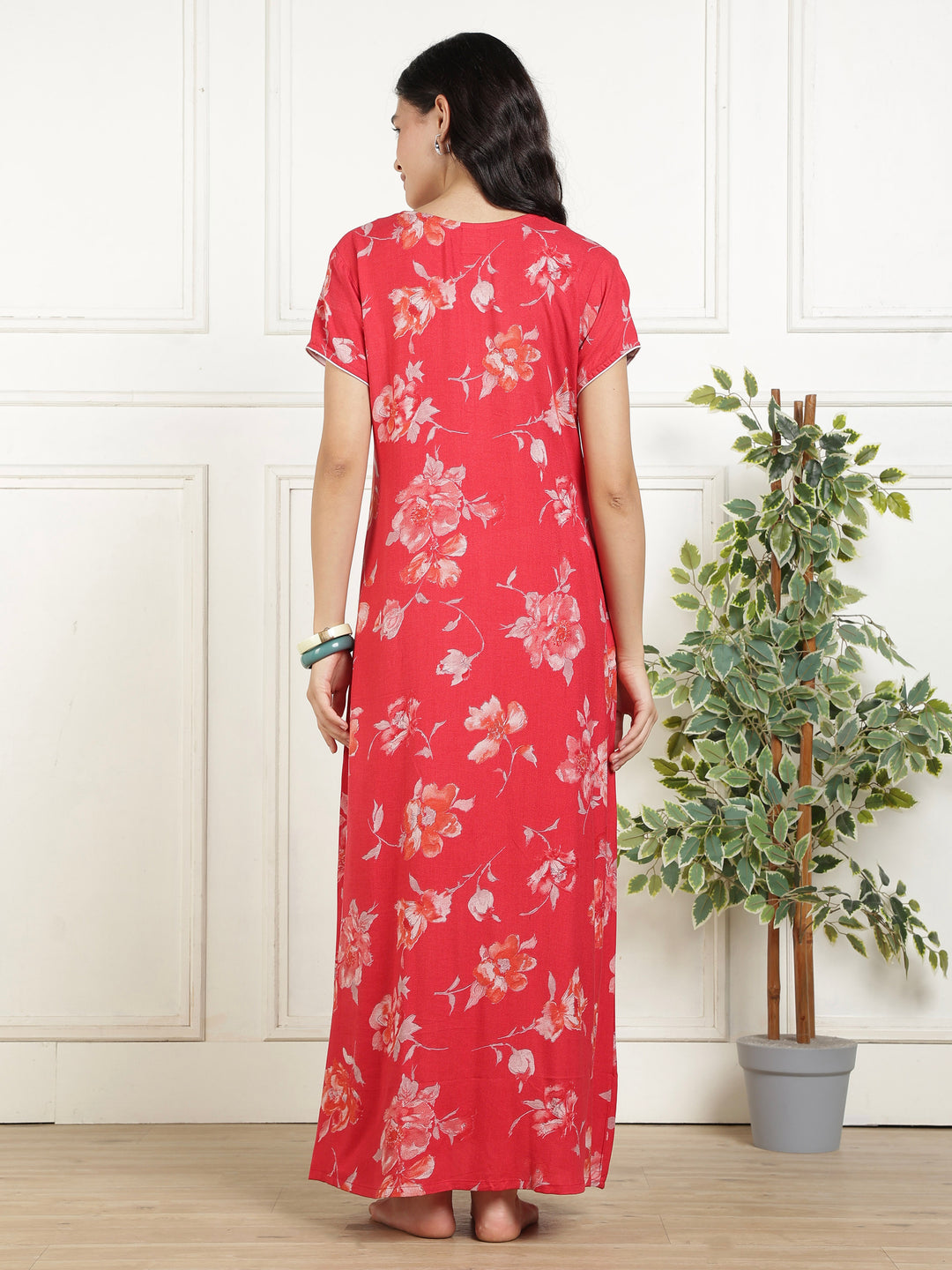 Classic Red Floral Print Alpine Nighty for Women with Embroidery