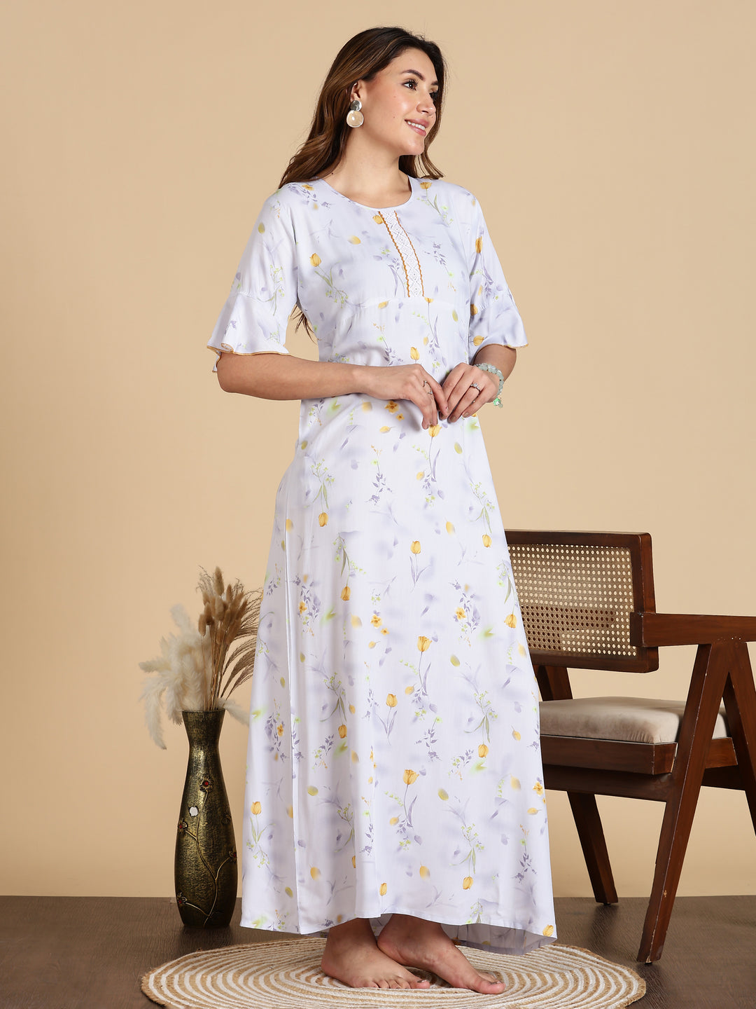 White Rayon Nightdress with Floral Prints and 3/4 Sleeves