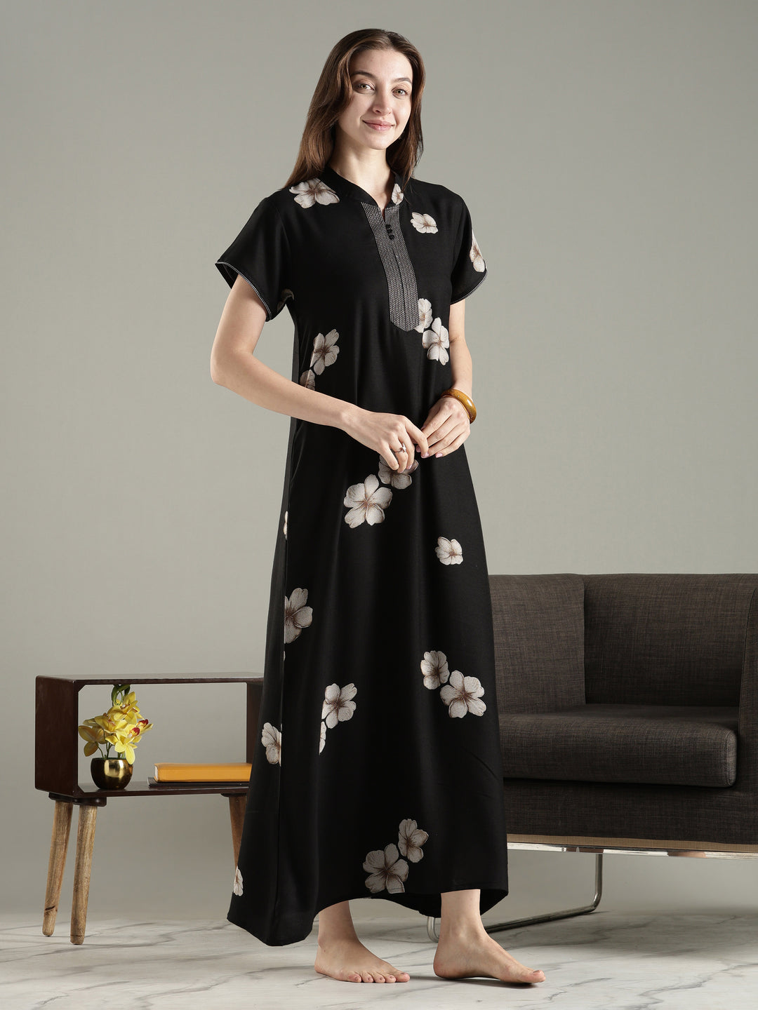 Alpine Floral A Line Nighty for Women with Pocket in Twilight Noir