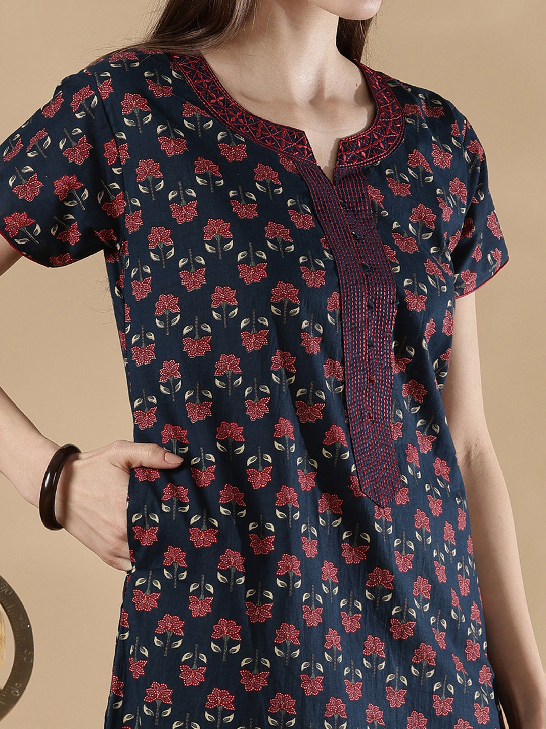 Alpine Pleated Floral Nighty for Women with Lace Detailing