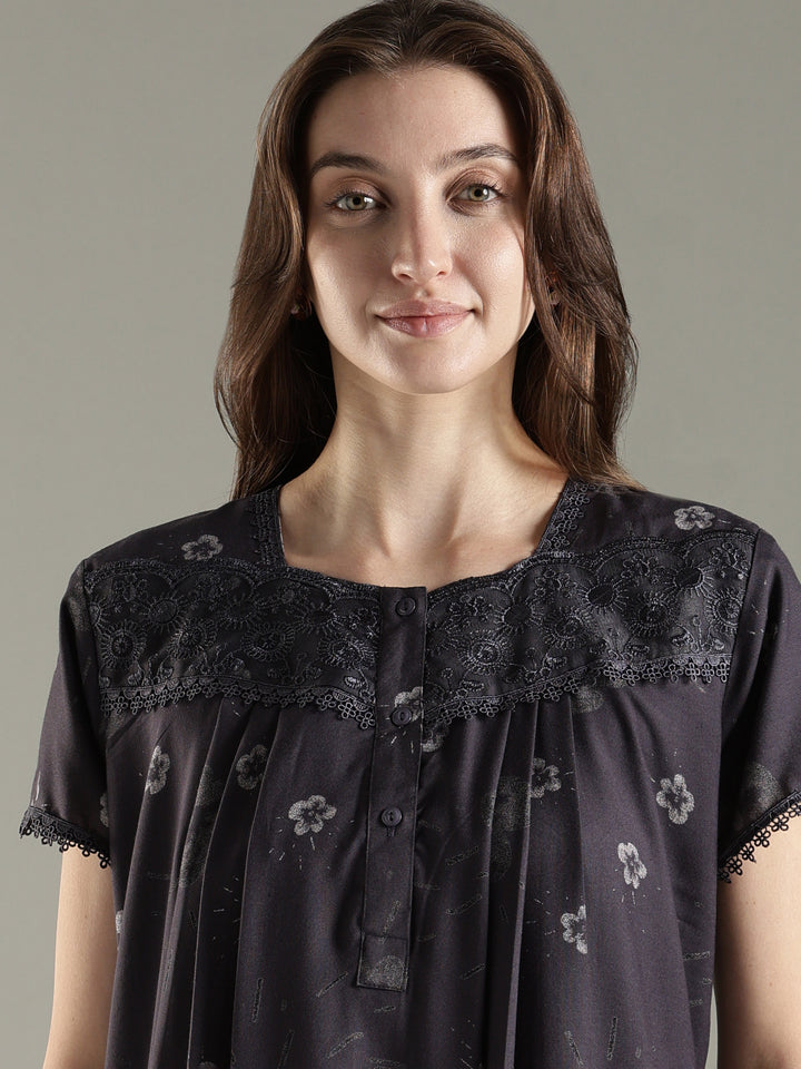 Alpine Pleated Floral Nighty for Women with Lace Detailing