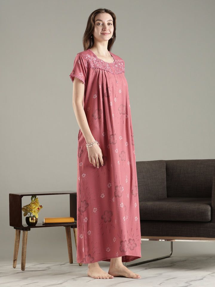 Pleated Alpine Floral Nighty for Women with Lace Neckline