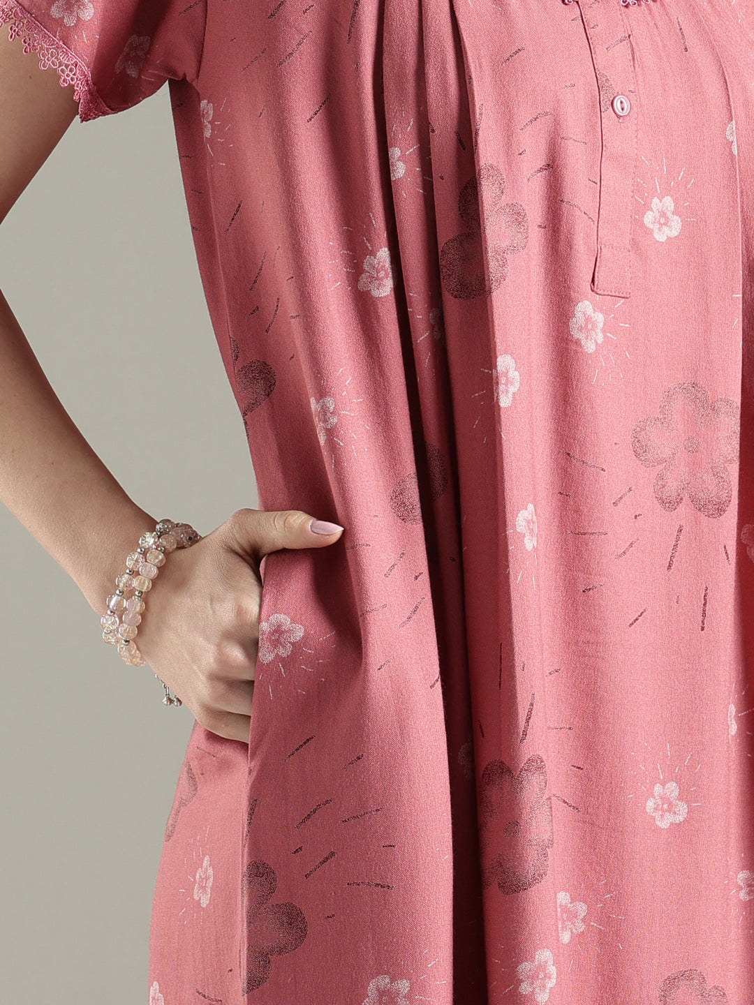 Pleated Alpine Floral Nighty for Women with Lace Neckline