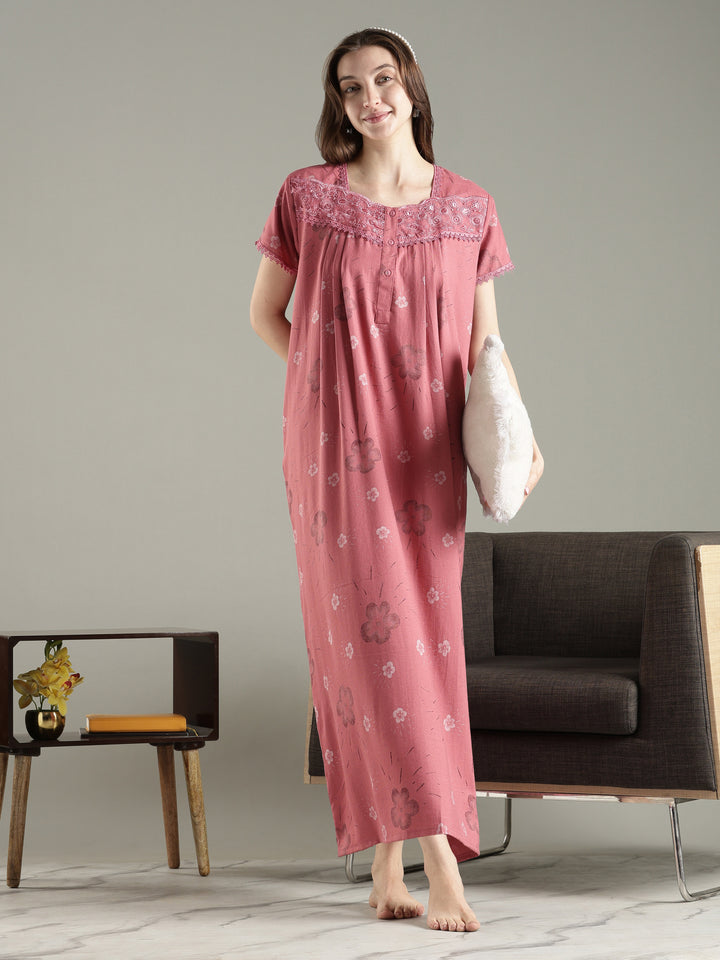Pleated Alpine Floral Nighty for Women with Lace Neckline