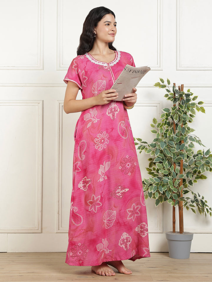 Bahaar Fuchsia Alpine Nightdress for Women with Pocket
