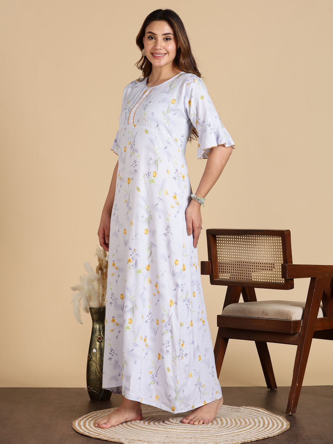 White Rayon Nightdress with Floral Prints and 3/4 Sleeves