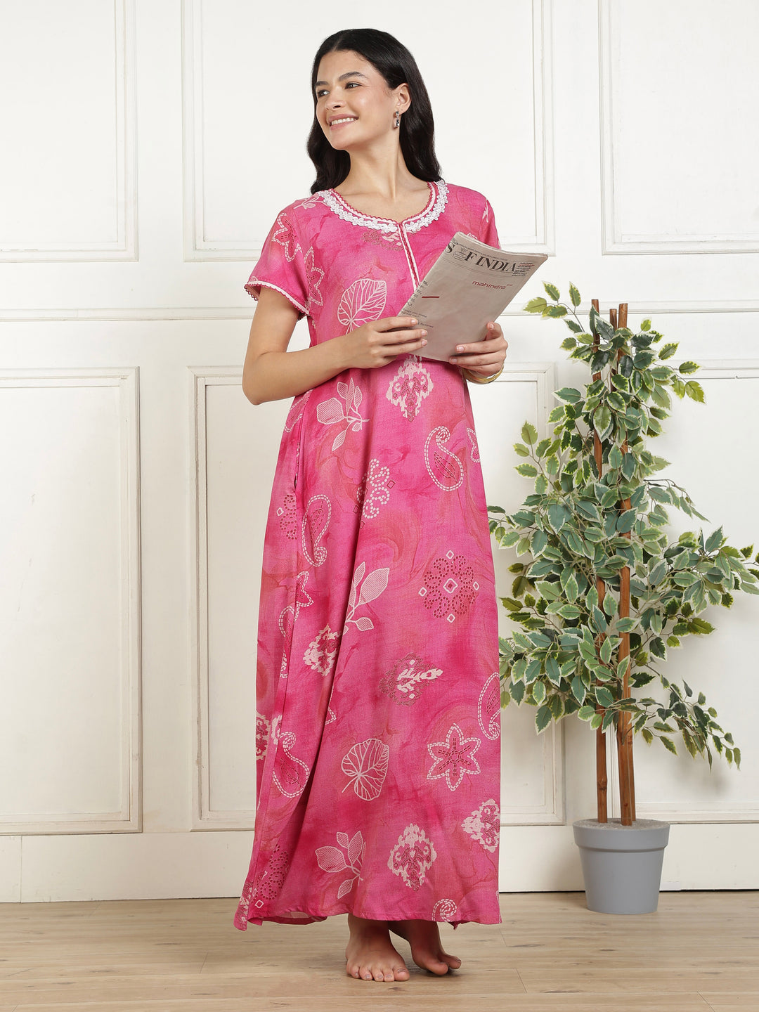 Bahaar Fuchsia Alpine Nightdress for Women with Pocket