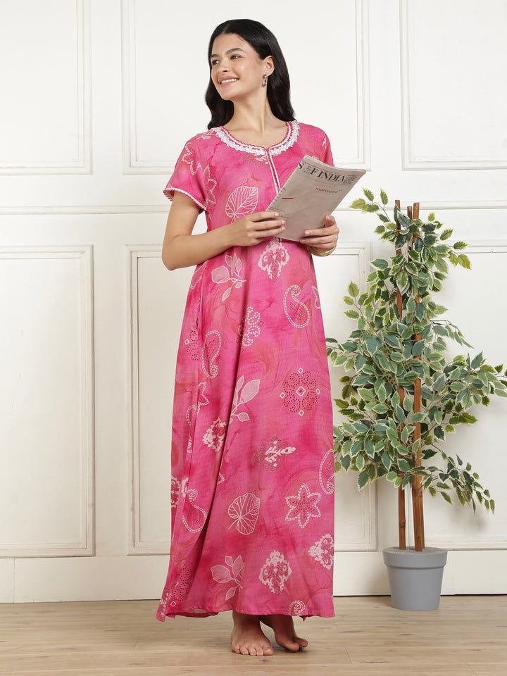Bahaar Fuchsia Alpine Nightdress for Women with Pocket