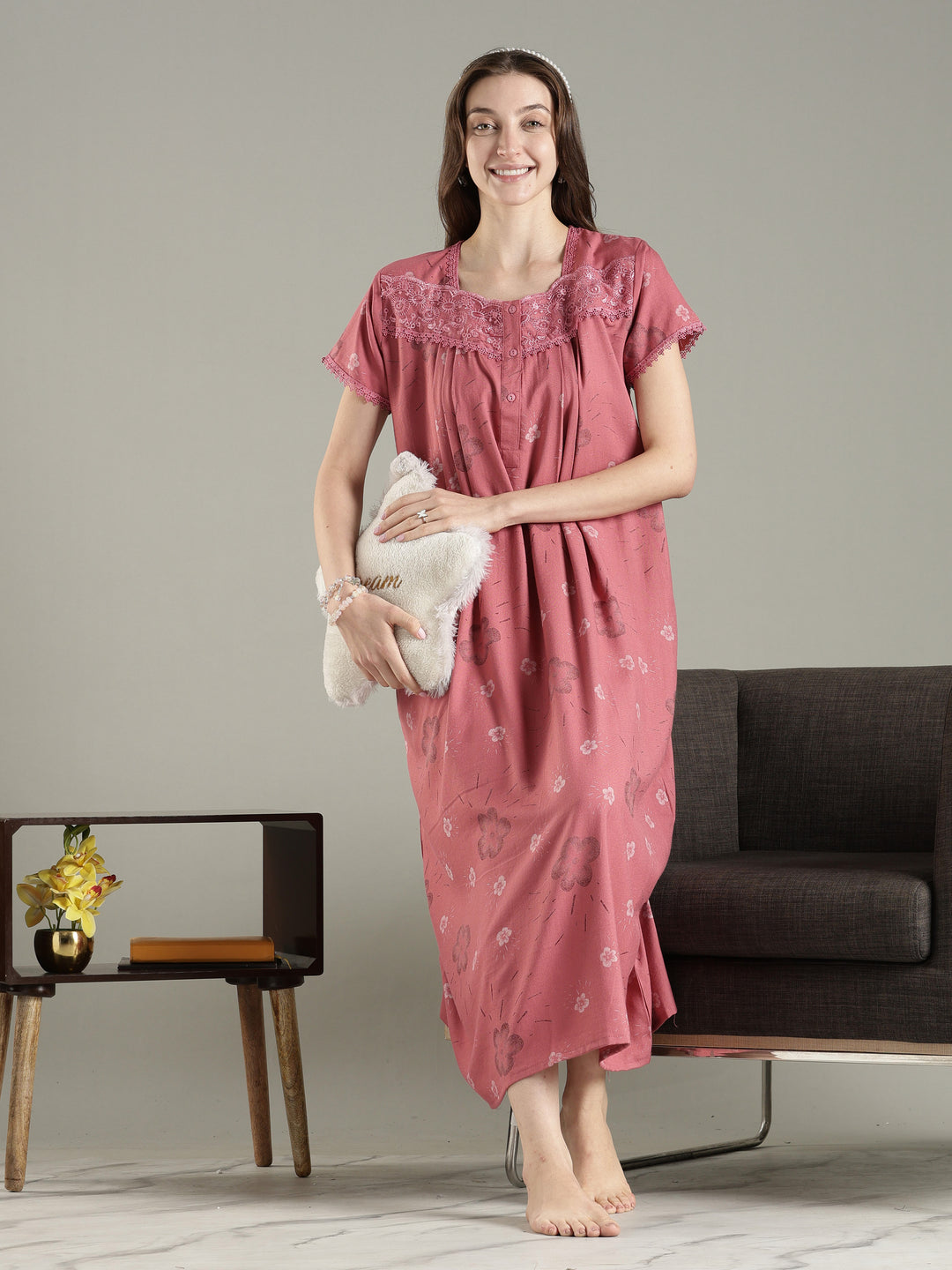 Pleated Alpine Floral Nighty for Women with Lace Neckline
