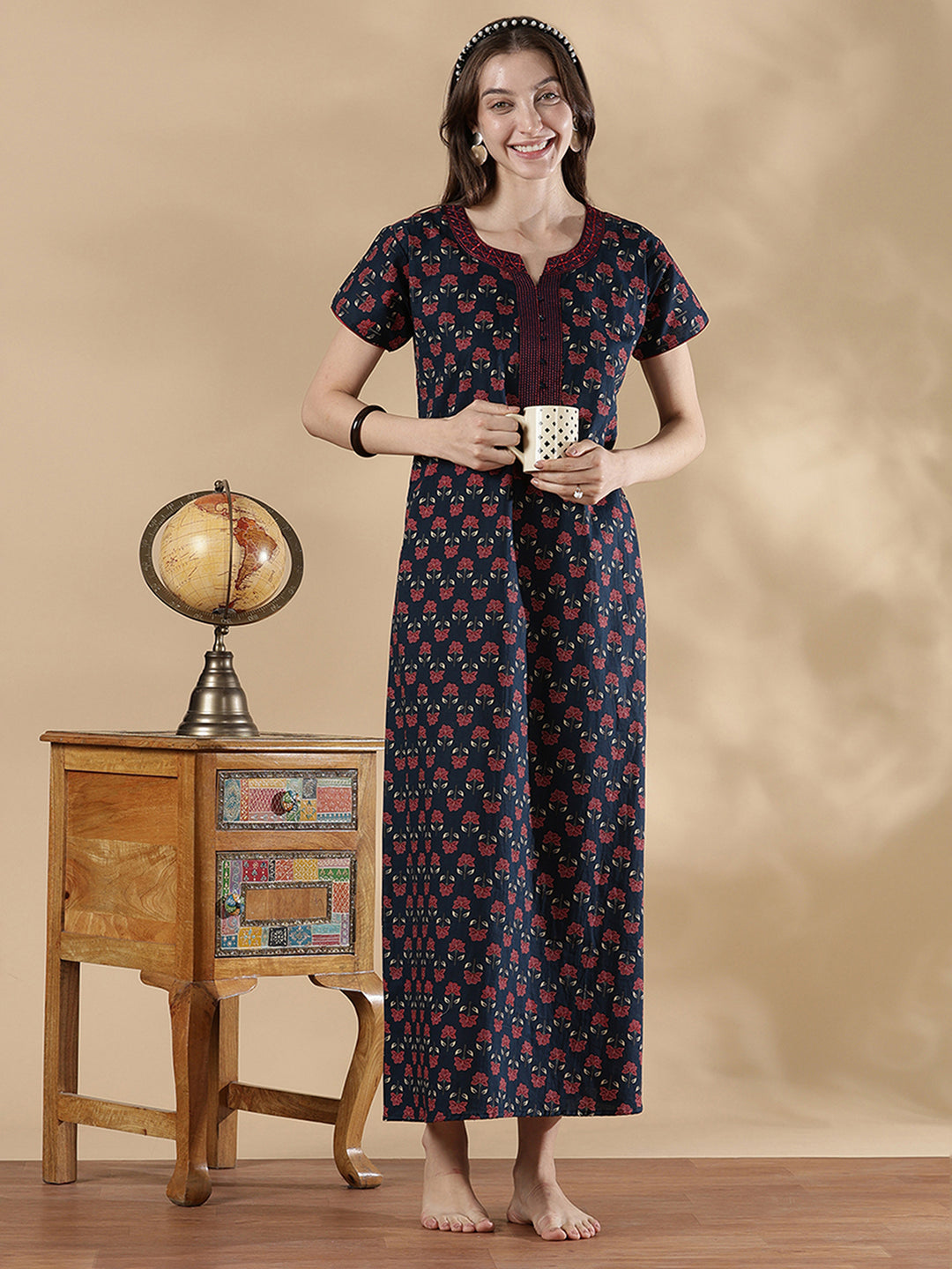 Alpine Pleated Floral Nighty for Women with Lace Detailing