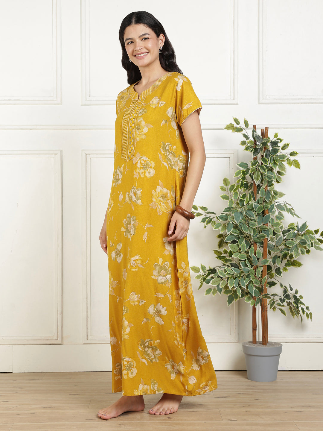 Classic Mustard Floral Alpine Nightdress for Women with Pocket
