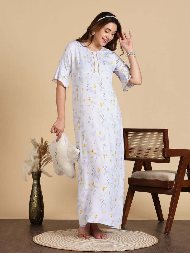 White Rayon Nightdress with Floral Prints and 3/4 Sleeves