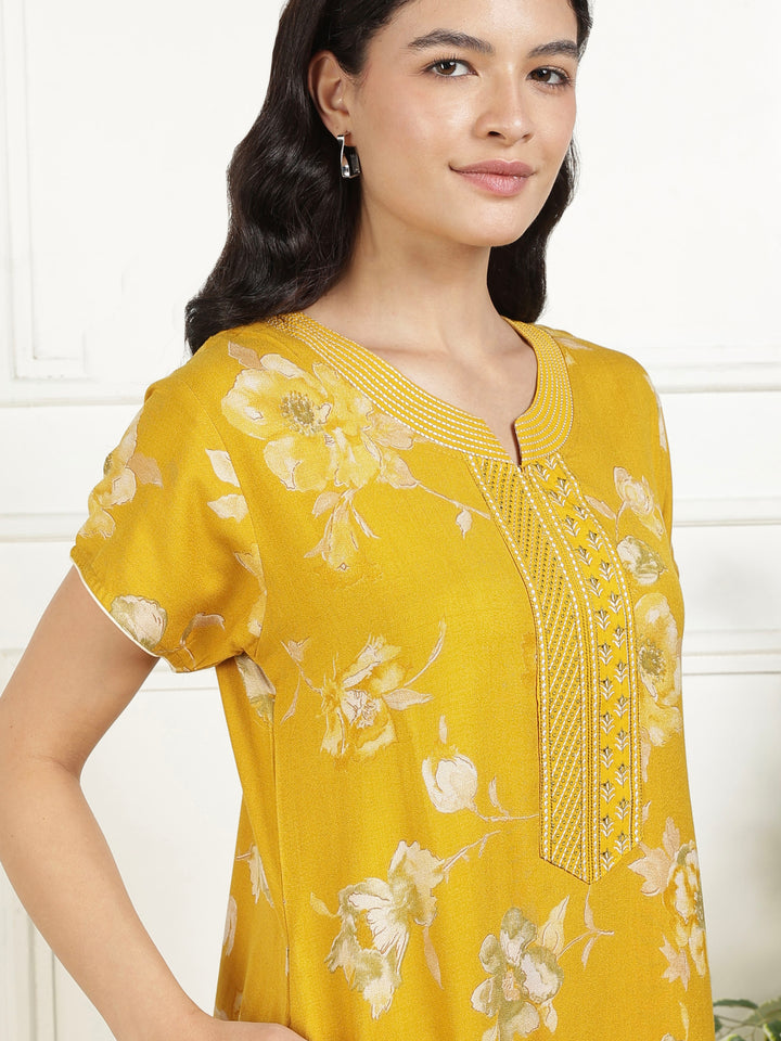 Classic Mustard Floral Alpine Nightdress for Women with Pocket