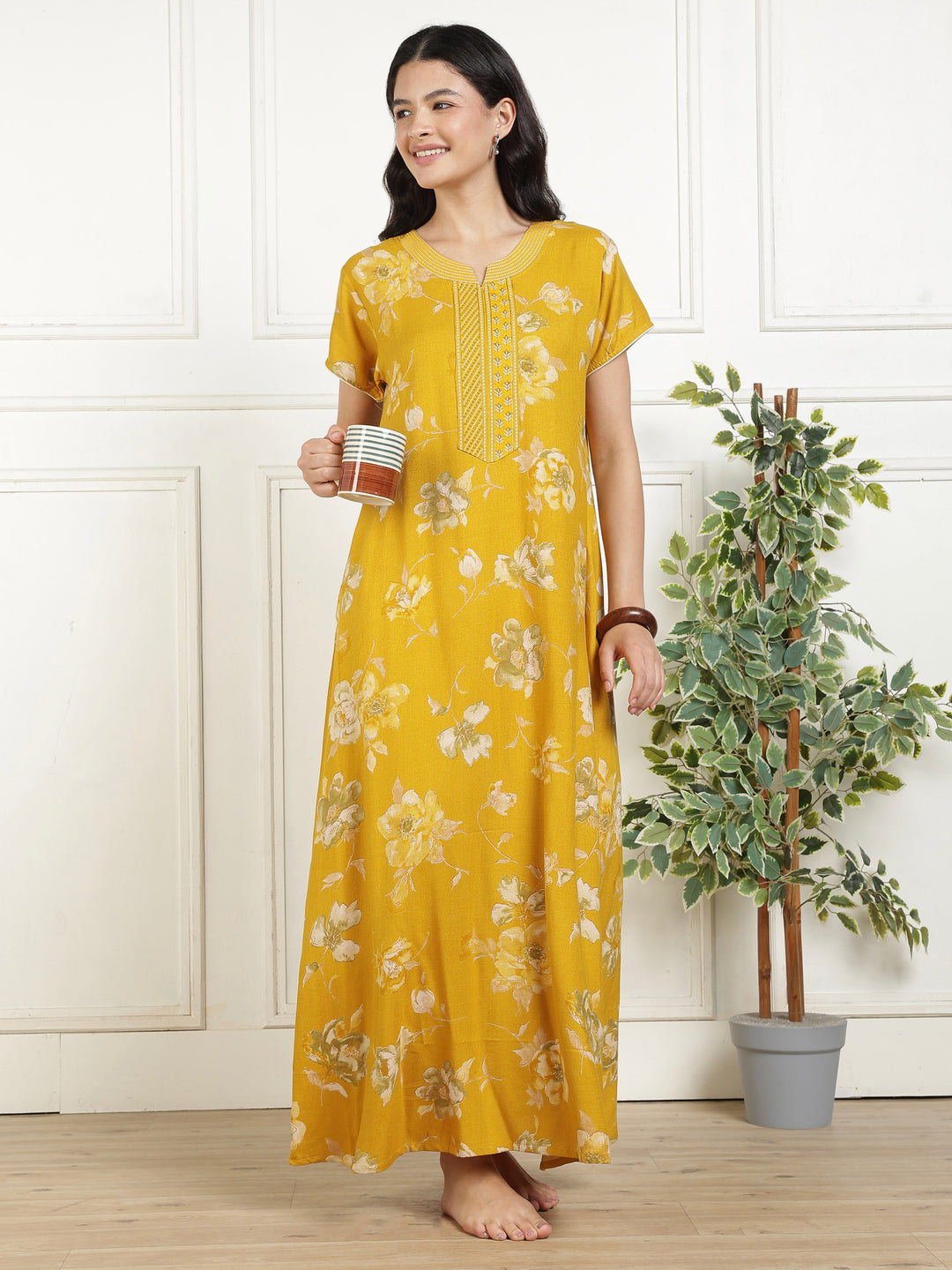 Classic Mustard Floral Alpine Nightdress for Women with Pocket