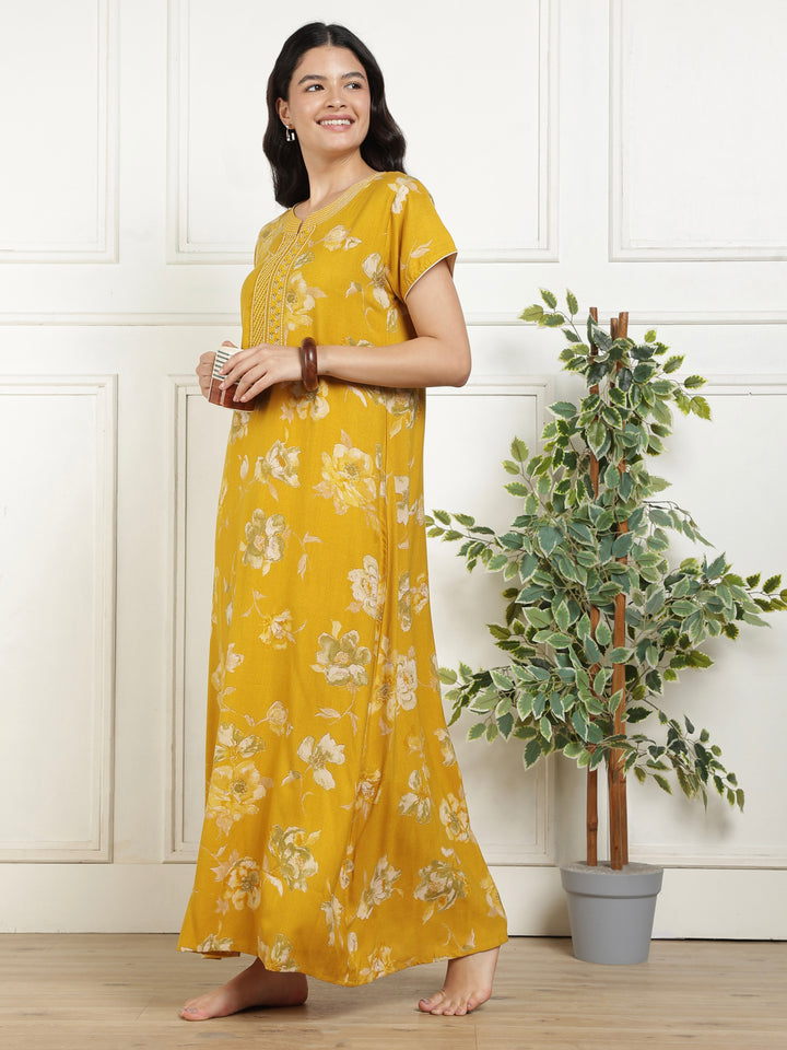 Classic Mustard Floral Alpine Nightdress for Women with Pocket