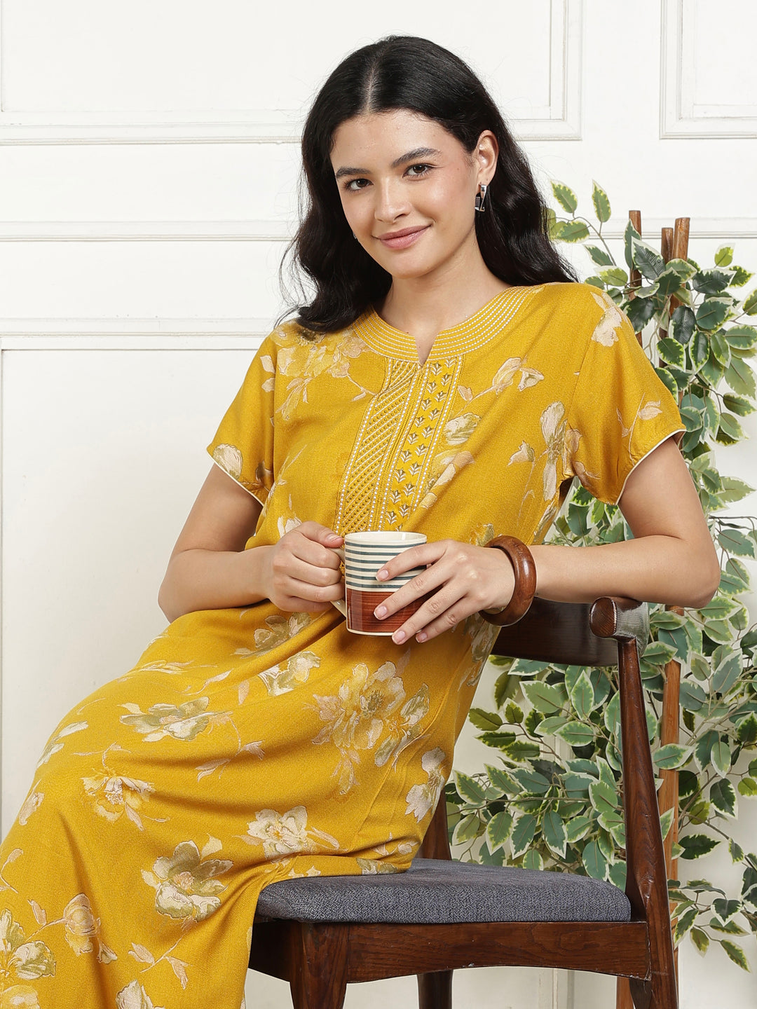 Classic Mustard Floral Alpine Nightdress for Women with Pocket