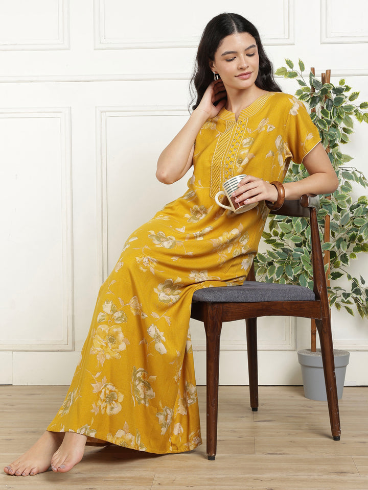 Classic Mustard Floral Alpine Nightdress for Women with Pocket