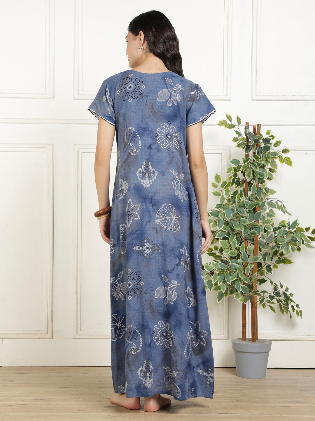 Bahaar Blue Alpine Nighty for Women with Abstract Motif Print