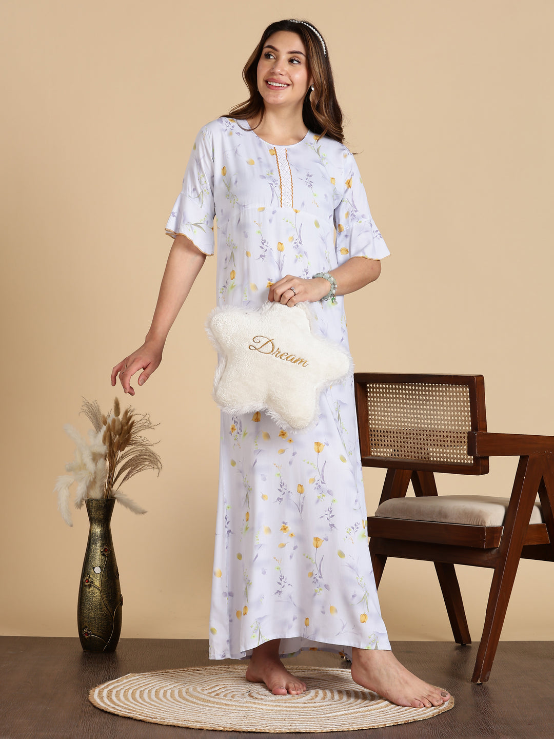 White Rayon Nightdress with Floral Prints and 3/4 Sleeves