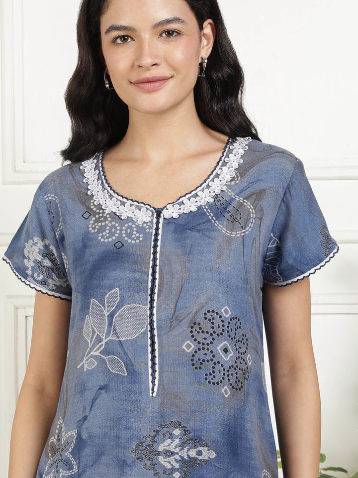 Bahaar Blue Alpine Nighty for Women with Abstract Motif Print
