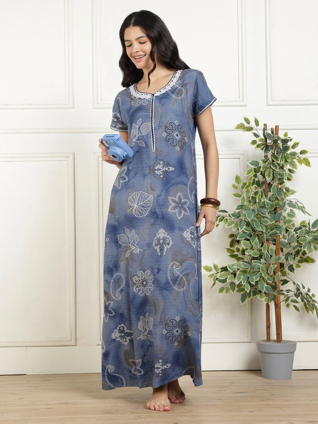 Bahaar Blue Alpine Nighty for Women with Abstract Motif Print