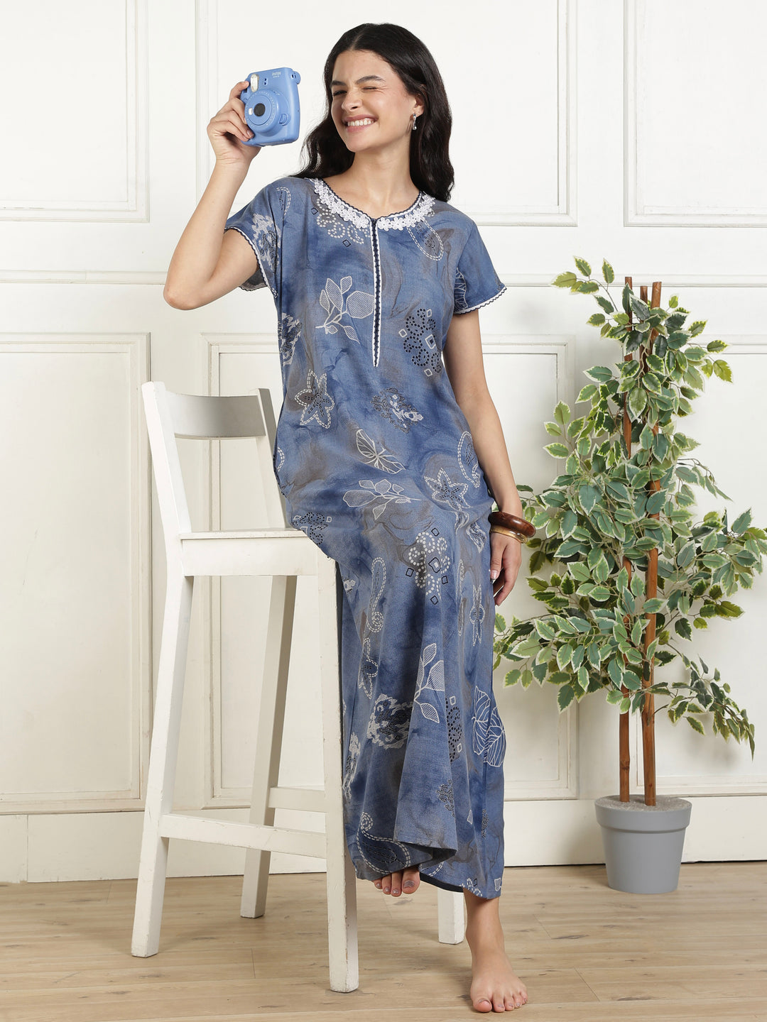 Bahaar Blue Alpine Nighty for Women with Abstract Motif Print