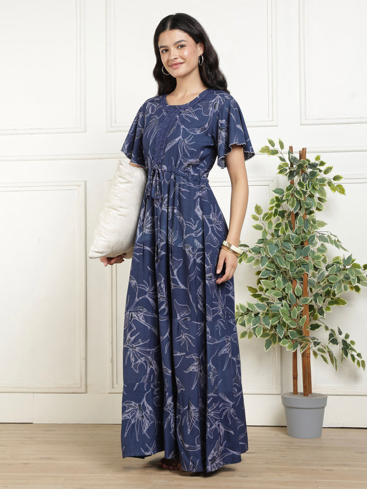 Floral Indigo Alpine Frock Style Nighty for Women with Pocket