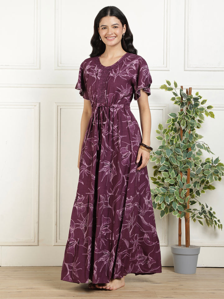 Relaxed Fit Floral Purple Alpine Frock Style Nighty for Women