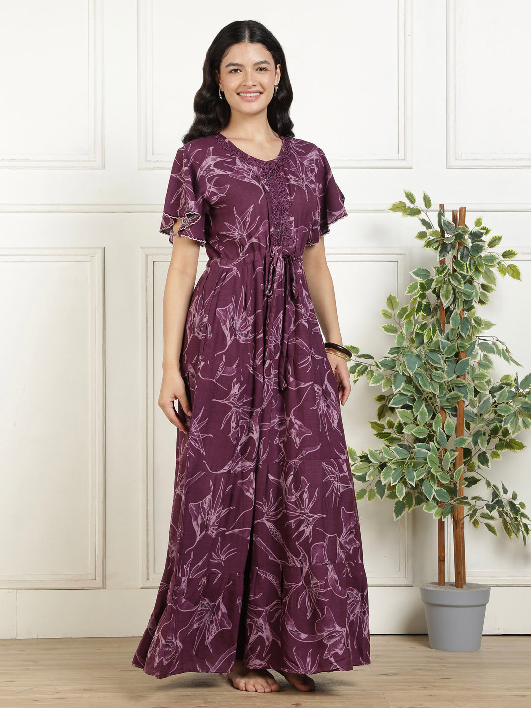 Relaxed Fit Floral Purple Alpine Frock Style Nighty for Women