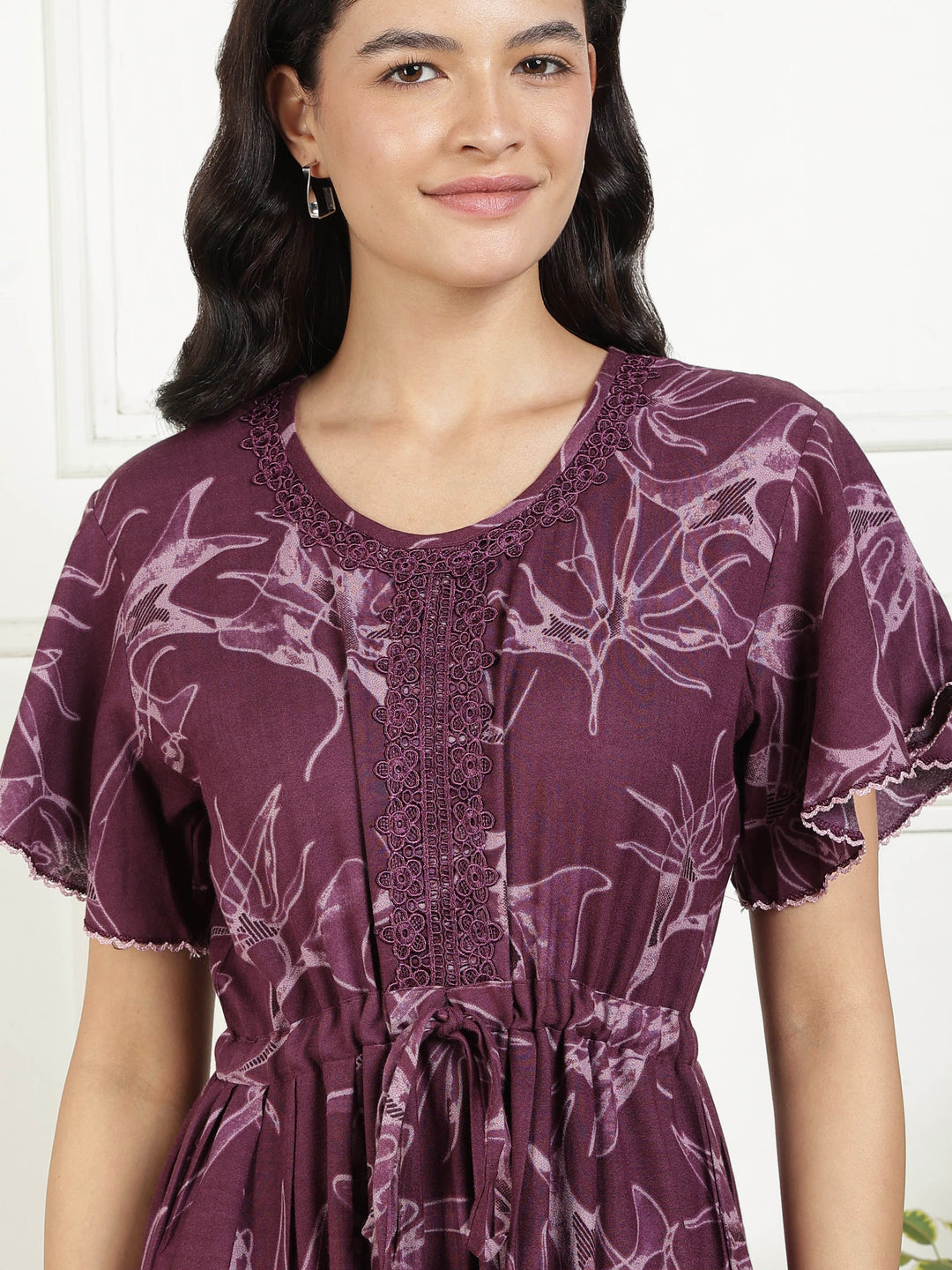 Relaxed Fit Floral Purple Alpine Frock Style Nighty for Women