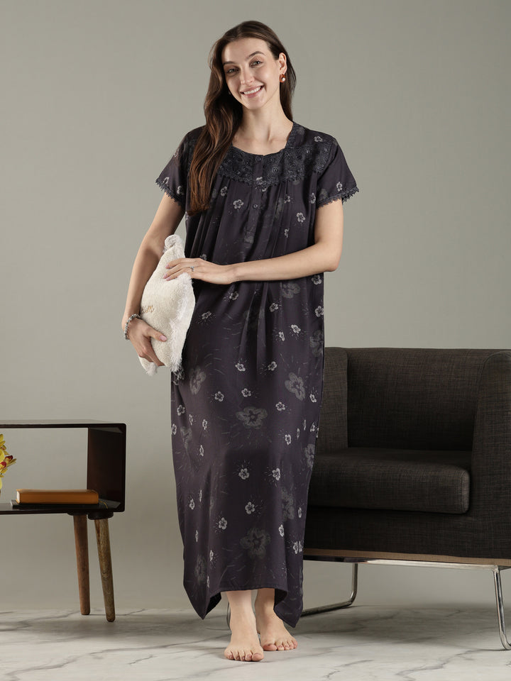 Alpine Pleated Floral Nighty for Women with Lace Detailing