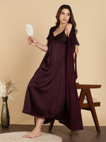 Dark Red Satin Bridal Nightwear for Women with Lace & Robe.