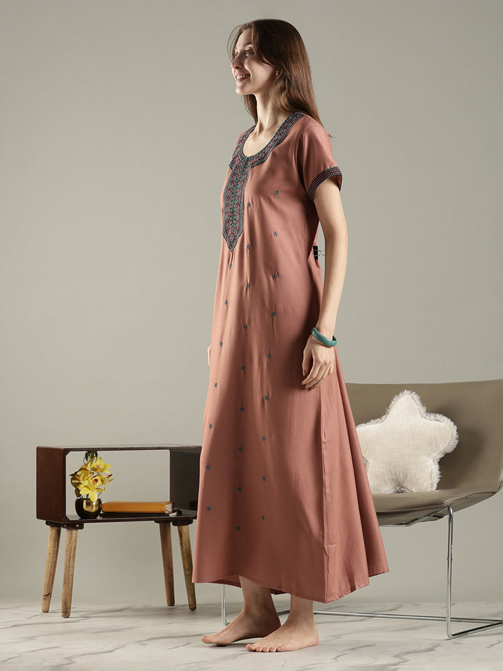 Raatrani Ethnic Embroidered Nighty for Women Relaxed A Line Fit