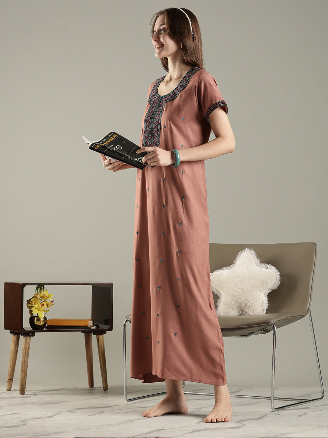 Raatrani Ethnic Embroidered Nighty for Women Relaxed A Line Fit