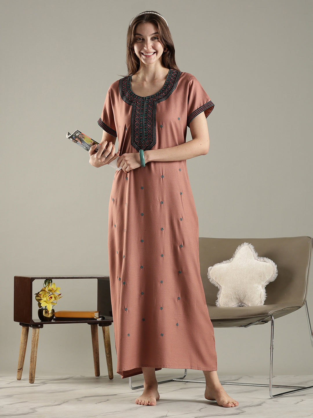 Raatrani Ethnic Embroidered Nighty for Women Relaxed A Line Fit