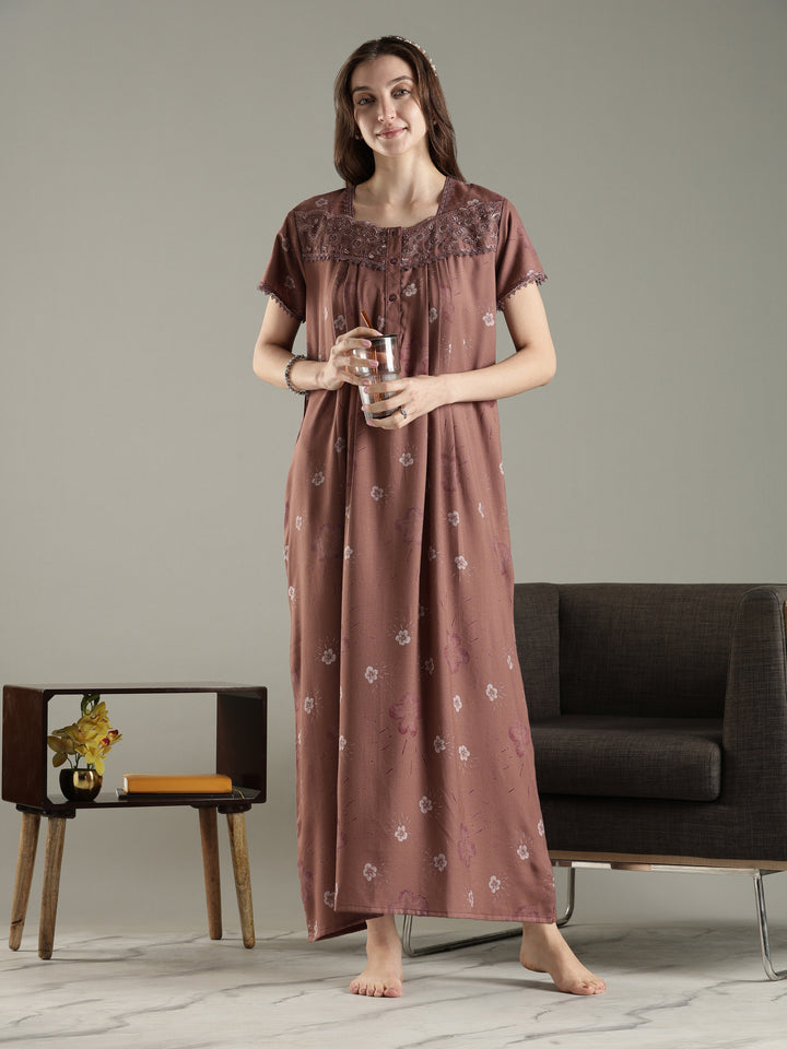 Floral Alpine Pleated Nighty for Women with Soft Lace Neck